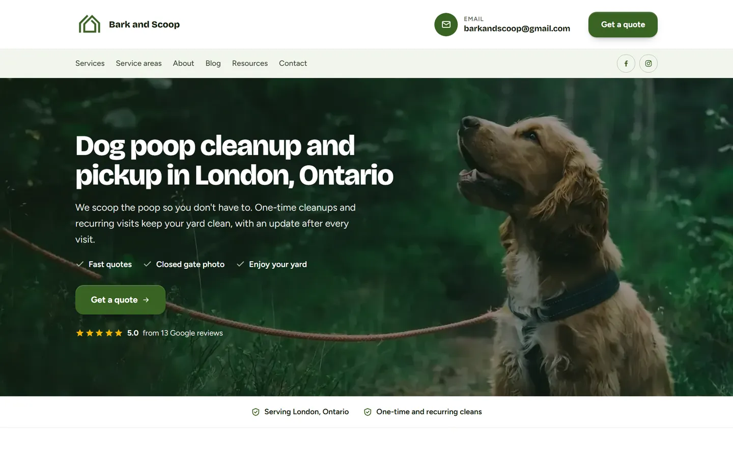 The barkandscoop.com home page on a desktop: a dog in a forest behind the headline Dog poop cleanup and pickup in London, Ontario, with a Get a quote button.