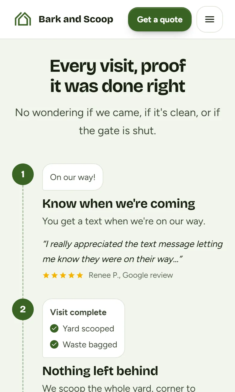 The site on a phone: the Every visit, proof it was done right section, with the On our way text and the visit checklist, each backed by a customer review.